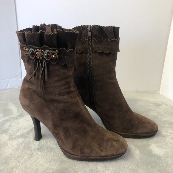 Belle Brown Suede Heeled Mid Calf Side Zip Boot Size 7 - Picture 2 of 16